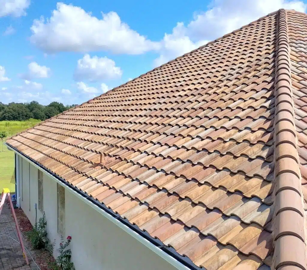 Clay tile roof under blue sky